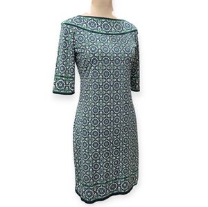 Max Studio Green and White Patterned Midi Stretch Dress M